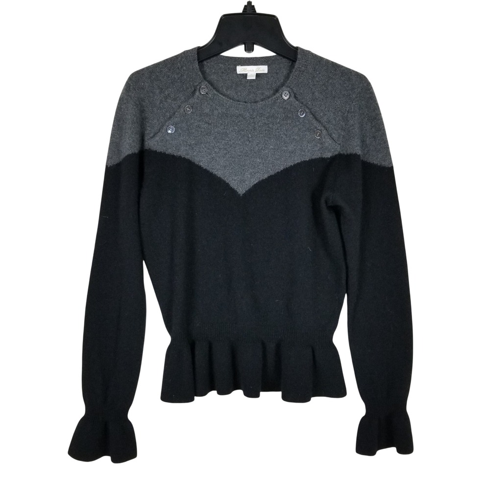 Minnie Rose Sweater Women S Black Grey Cashmere Peplum Ruffle Chevron F4619C17